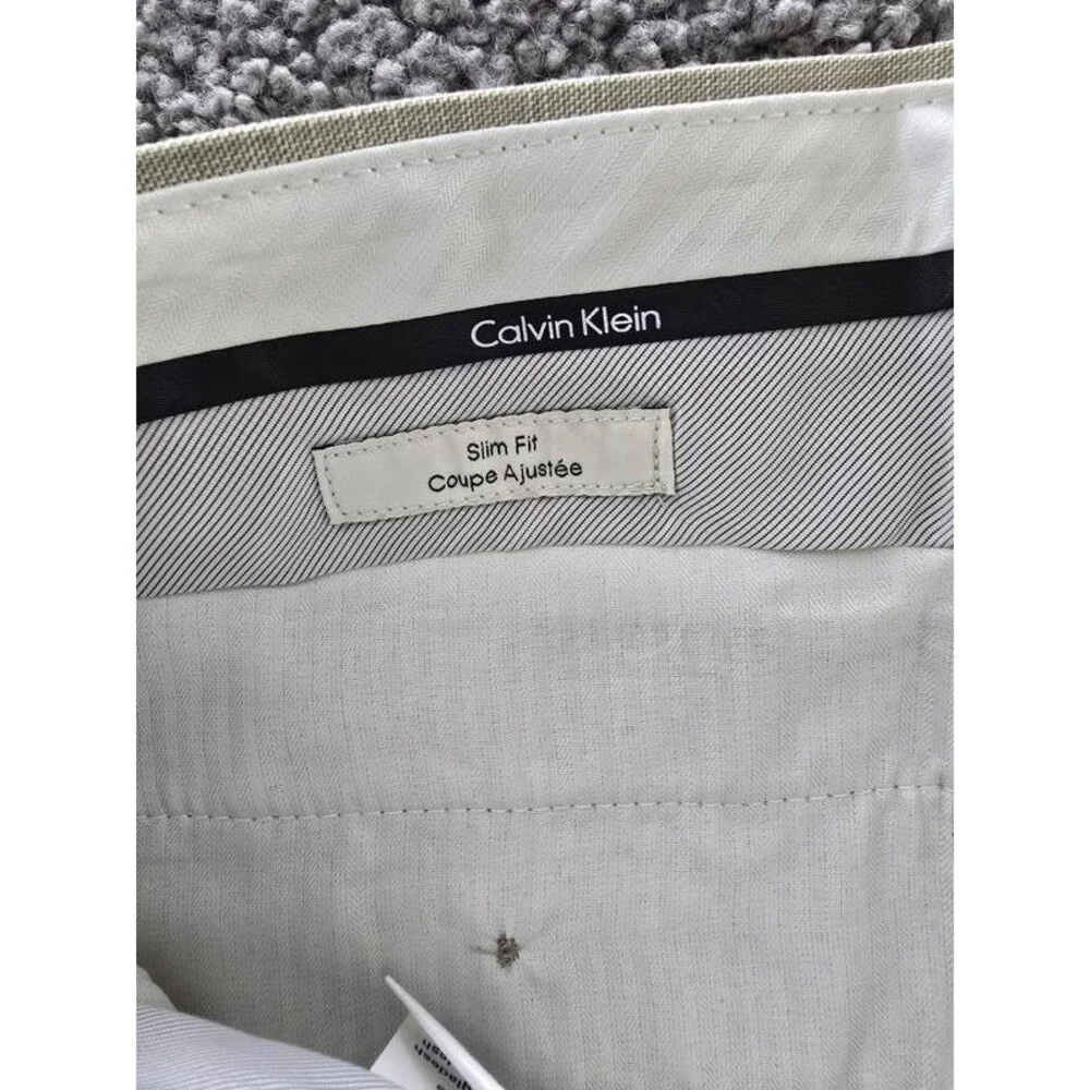 Calvin Klein Slim-Fit Dress Pants Men's 38Wx32L Taupe Solid Zip/Button Closure